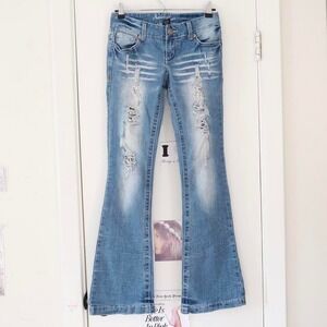 2000s Amethyst Distressed Low-Rise Flare Jeans